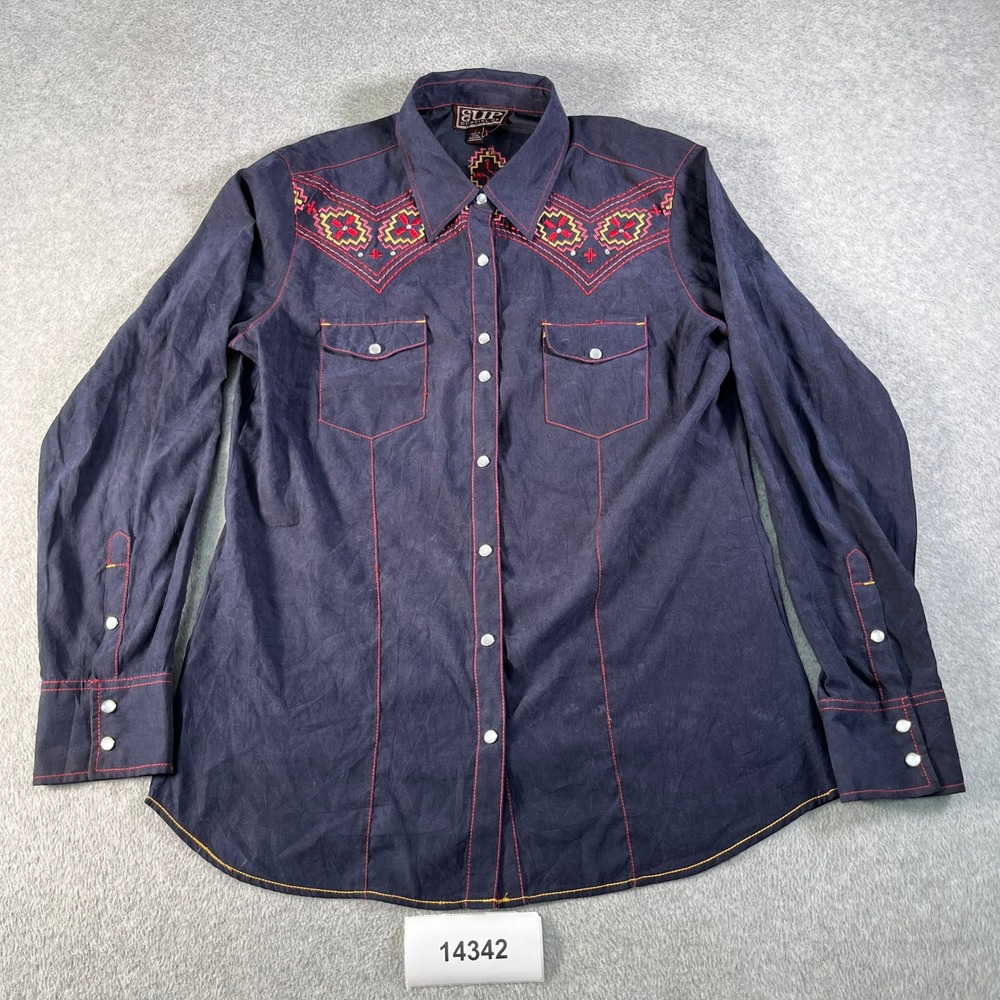Cowgirl Up Western Shirt Women Large Navy Embroidered Casual Collared Pearl Snap